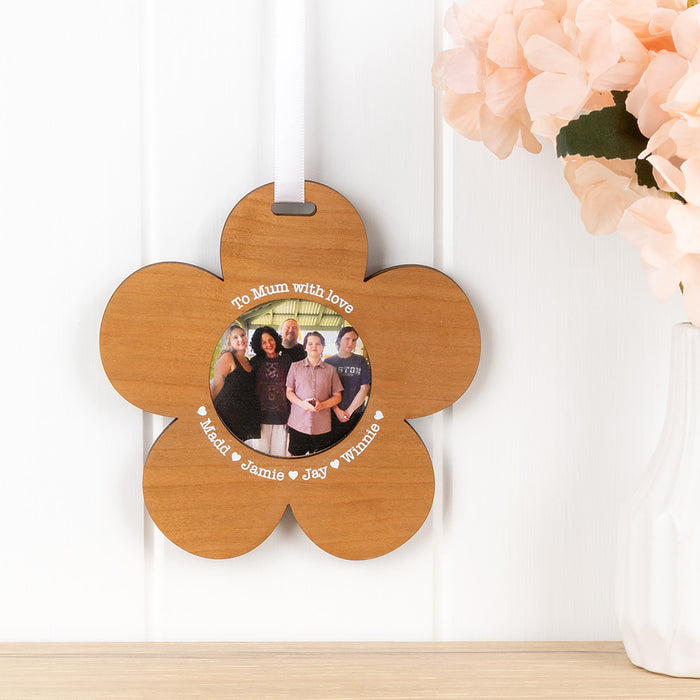 Wooden photo hanging ornament with flower shape and white satin ribbon for Mum or Grandma