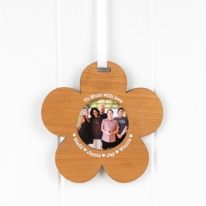 Custom cherry wood photo ornament with family picture and engraved style message design