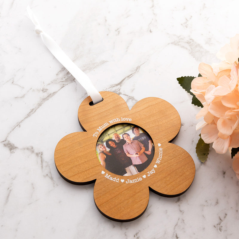 Personalised cherry wood flower ornament with printed photo and custom message for Mother’s Day