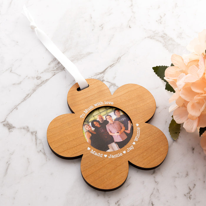 Personalised cherry wood flower ornament with printed photo and custom message for Mother’s Day