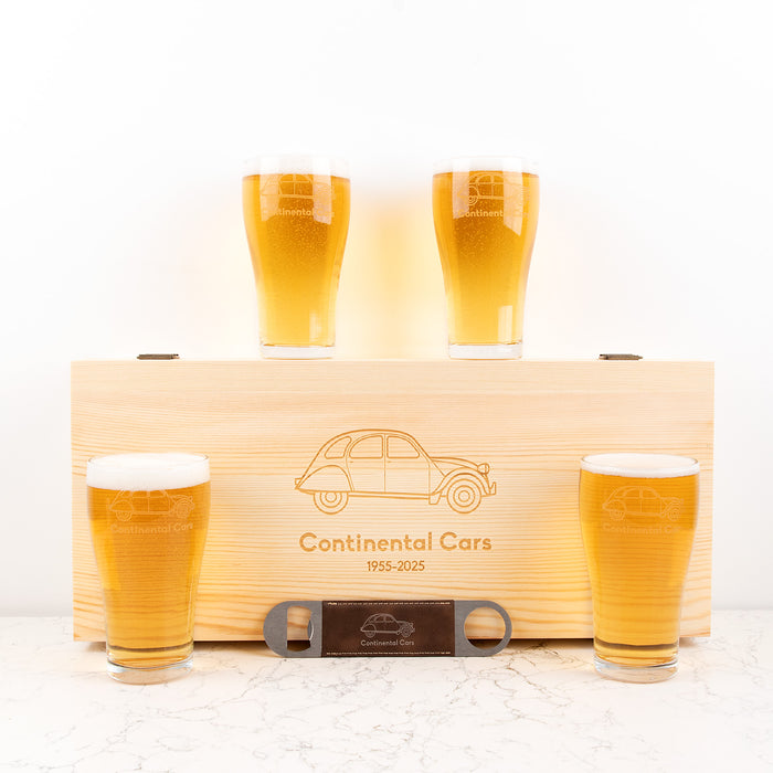 Personalised wooden beer gift set with four engraved glasses, barmate and custom logo box