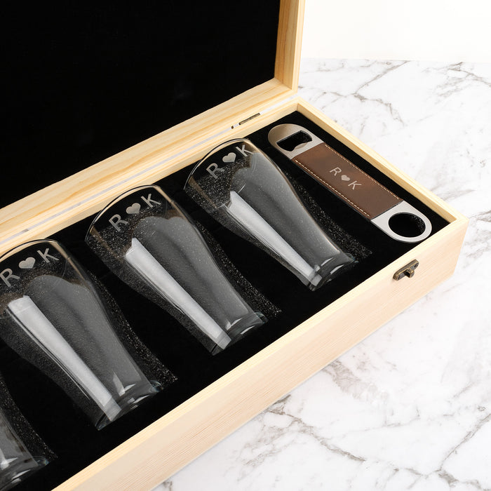 Custom beer gift set with names, initials and wedding date engraving