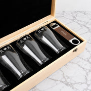 Personalised wedding beer gift set with four engraved glasses and wooden keepsake box