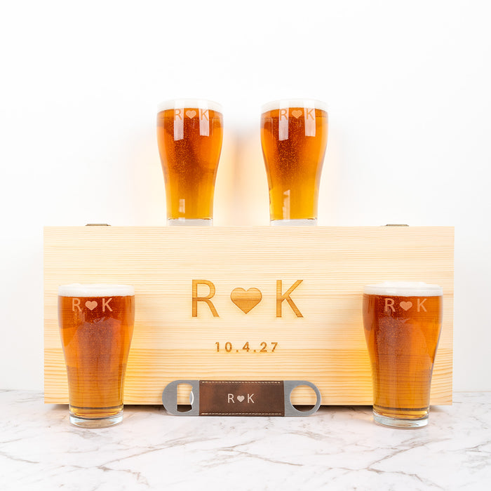 Engraved beer glasses and barmate in wooden keepsake box for bride and groom