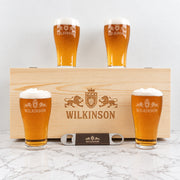 Personalised beer gift set with four engraved glasses and bottle opener