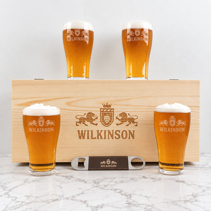 Personalised beer gift set with four engraved glasses and bottle opener