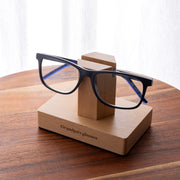 Engraved wooden reading glasses holder made from natural beech wood, personalised with a custom name for Mum, Dad or Grandpa.