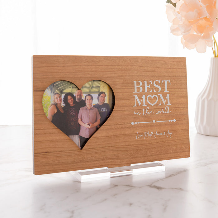 Personalised cherry wood photo card with heart cut-out and printed photo for Mother’s Day gift