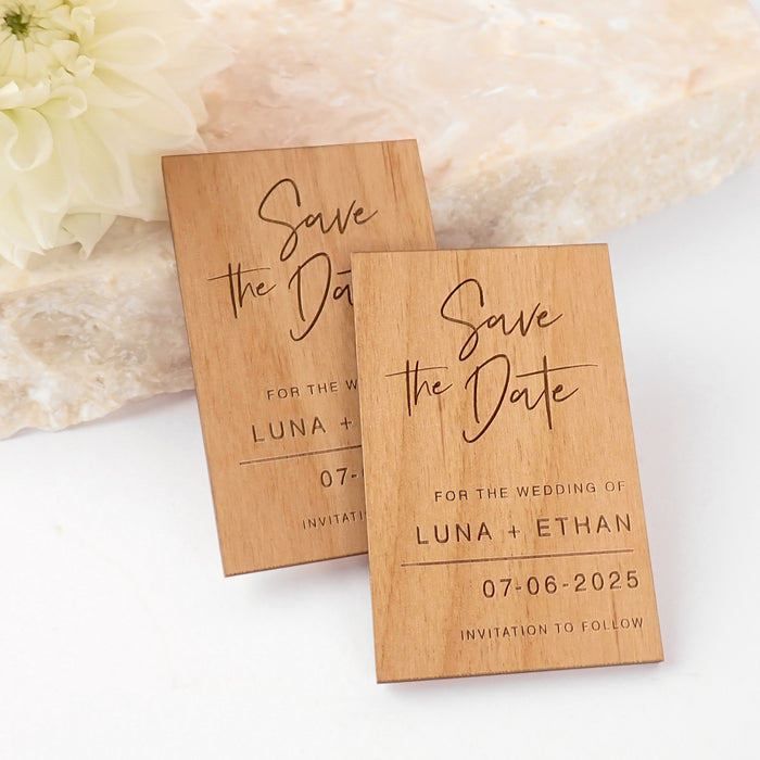 Personalised Engraved Wooden Rectangle Wedding Save the Date Magnets