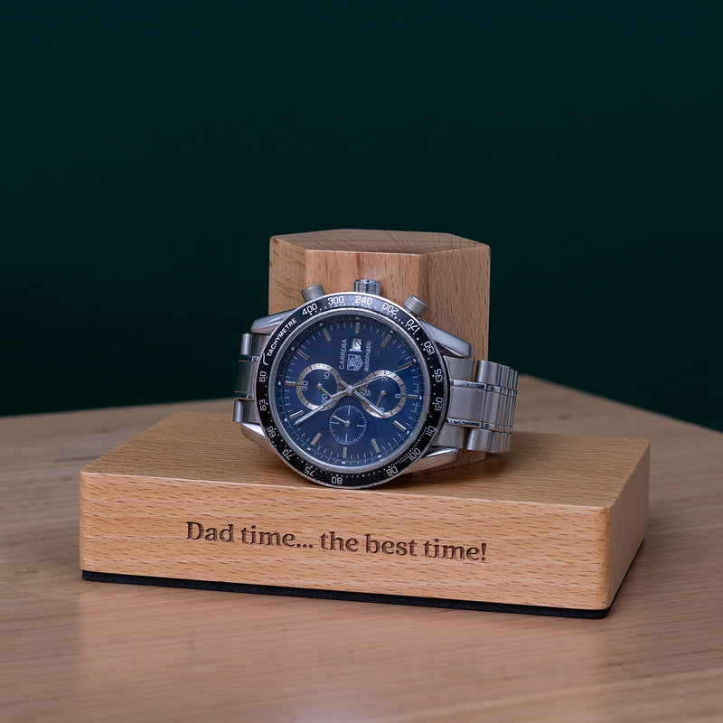 Personalised watch display stand made from premium beech wood, engraved with a special message for Father's Day, birthdays or anniversaries.