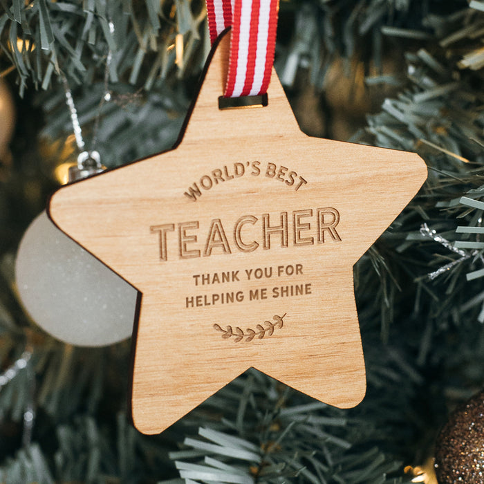 Teacher gift star ornament with “Thank you for helping me shine” engraving