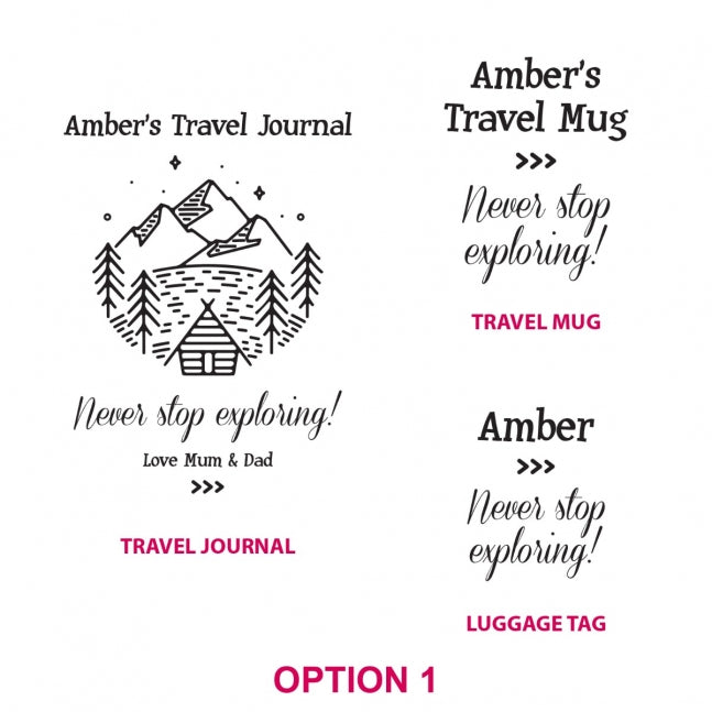 Personalised Travel Hamper - Engraved Bamboo Thermal Mug, Engraved Luggage Tag, Engraved Bamboo Travel Journal