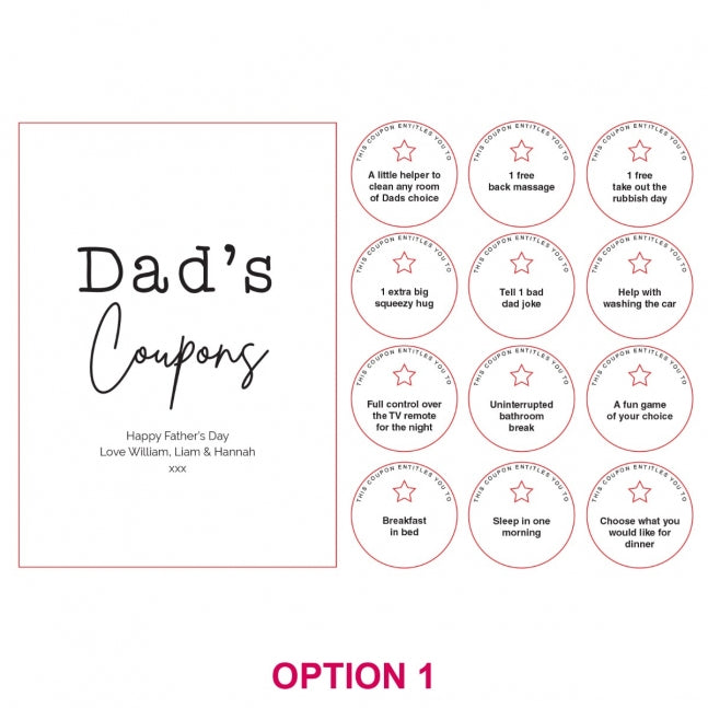 Engraved Wooden 'Dad's Coupons' in Printed Drawstring Bag