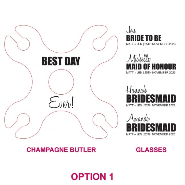 Engraved BOLD SERIES Wooden Bridal Party Butler Set With 4x Complimentary Champagne Glasses