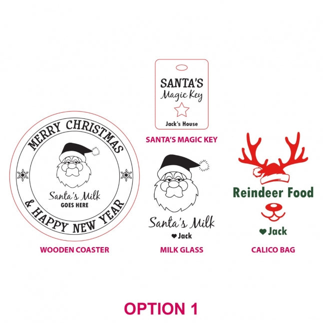 Personalised Santa Hamper – Engraved Santa's Milk Glass, Engraved Wooden Coaster, Printed Reindeer Food Calico Bag, Engraved Wooden Santa's Magic Key