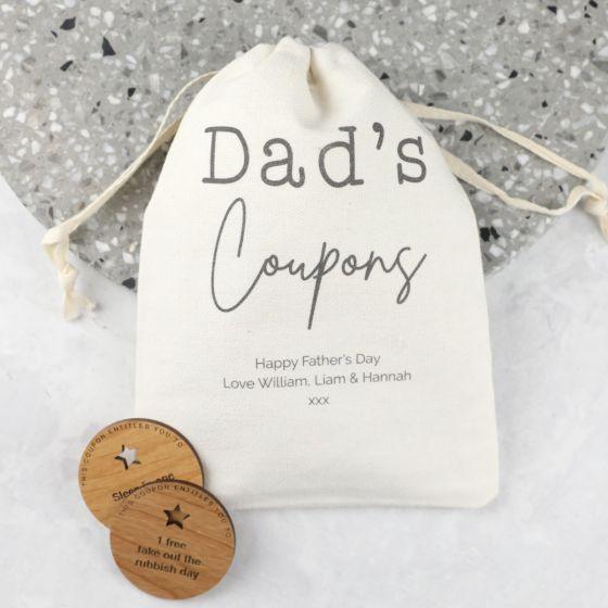 Printed Drawstring Dad's Coupon bag and 12 wooden round Coupons for Father's Day