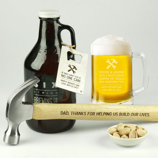 Customised Engraved Handy Dad Hamper Includes Wooden Hammer, Glass Beer Stein Mug and Credit Card Bottle Opener