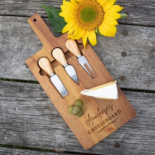 Personalised Engraved Acacia Wood Cheese Serving Board with Utensil Set Christmas Present