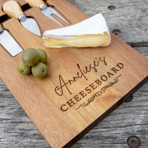 Custom Engraved Acacia Wood Cheese Serving Board with Utensil Set Birthday Gift