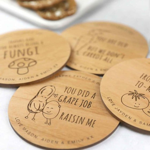 Custom Designed Engraved Dad Puns Father's Day Wooden Coaster Set Present