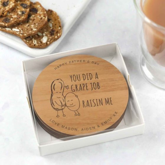 Custom Designed Engraved Father's Day "you did a grape Job raisin me" Wooden Coaster set Present