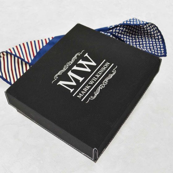 Custom Artwork Engraved Christmas Black Leather Gift Box with Golf Balls, White Tee, Ball Markers Present