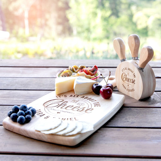 Custom designed laser engraved wedding couple Paddle Board & Cheese Knife Set