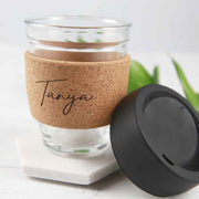 Engraved Name Custom Designed Cork Band Glass Reusable Glass Coffee Keep Cup With Black Lid Birthday Gift