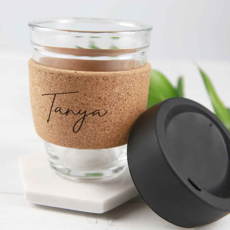 Engraved Name Custom Designed Cork Band Glass Reusable Glass Coffee Keep Cup With Black Lid Birthday Gift