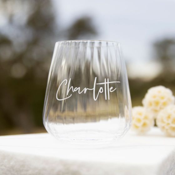 Custom Engraved Name Stemless Wine Glass with Ribbed Finish
