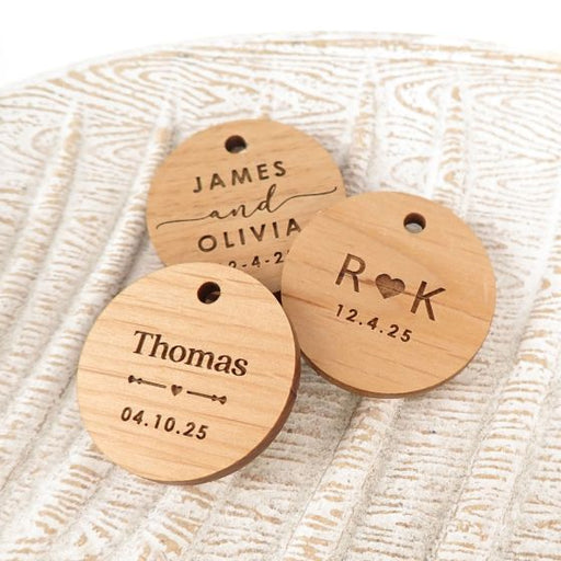 Personalised Engraved Wooden round Circle Wedding favour Gift Tags