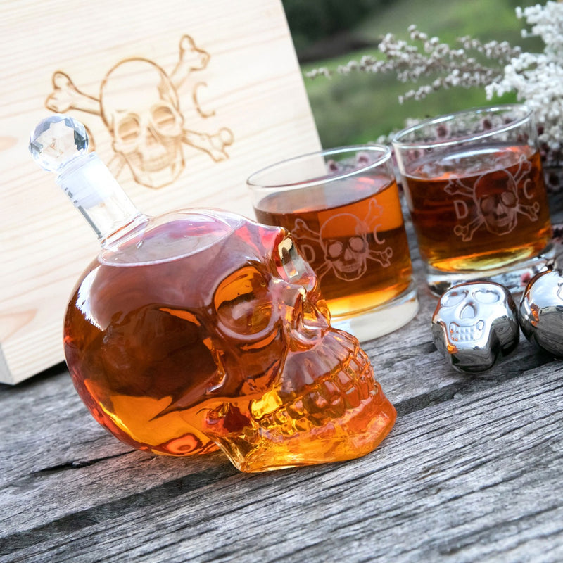 Customised Engraved Wooden Gift Boxed Skull Decanter Set