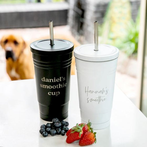 Personalised Engraved Black and White Smoothie Cup With metal Straw