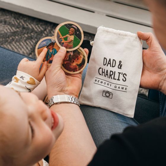 Custom bamboo memory game with 12 photo tiles and keepsake storage bag