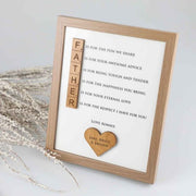 Wooden frame with FATHER scrabble pieces and heartfelt message