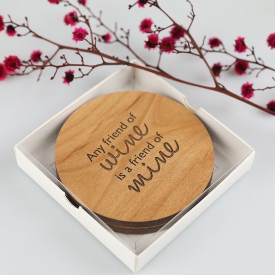Set of four engraved wooden coasters in presentation gift box