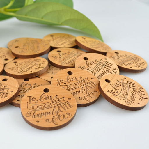 Engraved to love laughter happily ever after wedding favour round circle gift tag