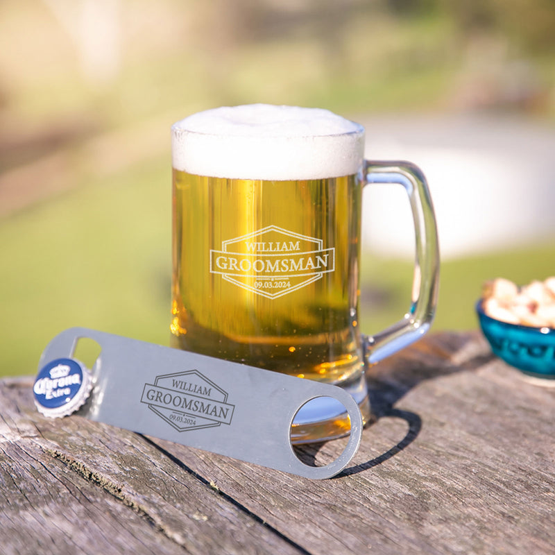 Custom Designed Gift Boxed Engraved Groomsman 500ml Beer Mug and Stainless Steel Barmate Wedding Gift