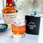 Custom Artwork Gift Boxed Groomsman, Best Man, Father of the Bride Engraved Round Scotch Glass and Black 7oz Hip Flask Wedding Gift