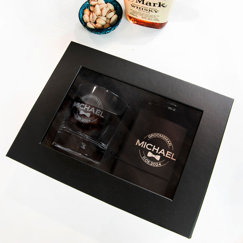 Customised Gift Boxed Groomsman Engraved Round Scotch Glass and Black 7oz Hip Flask Wedding Favour