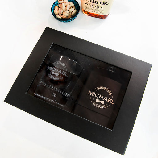 Customised Gift Boxed Groomsman Engraved Round Scotch Glass and Black 7oz Hip Flask Wedding Favour