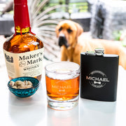 Personalised Gift Boxed Bridal Party Engraved Round Scotch Glass and Black 7oz Hip Flask Present