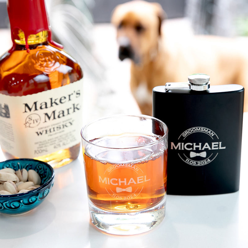 Custom Designed Gift Boxed Groomsman, Best Man, Father of the Bride Engraved Round Scotch Glass and Black 7oz Hip Flask Wedding Favour