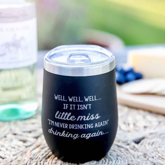 Customised Engraved "Little Miss Ill Never Drink Again" Cheeky Inappropriate Black Stemless Wine Sipper Present