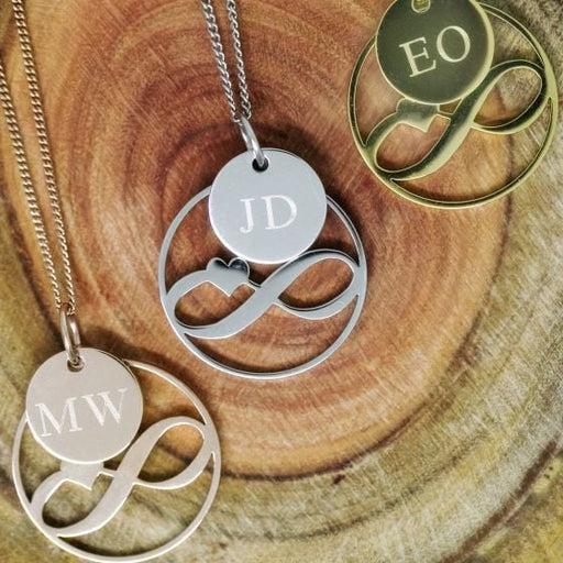 Custom Engraved Rose Gold, Silver Gold Heart Infinity Necklace with Initial Pendant Birthday Present