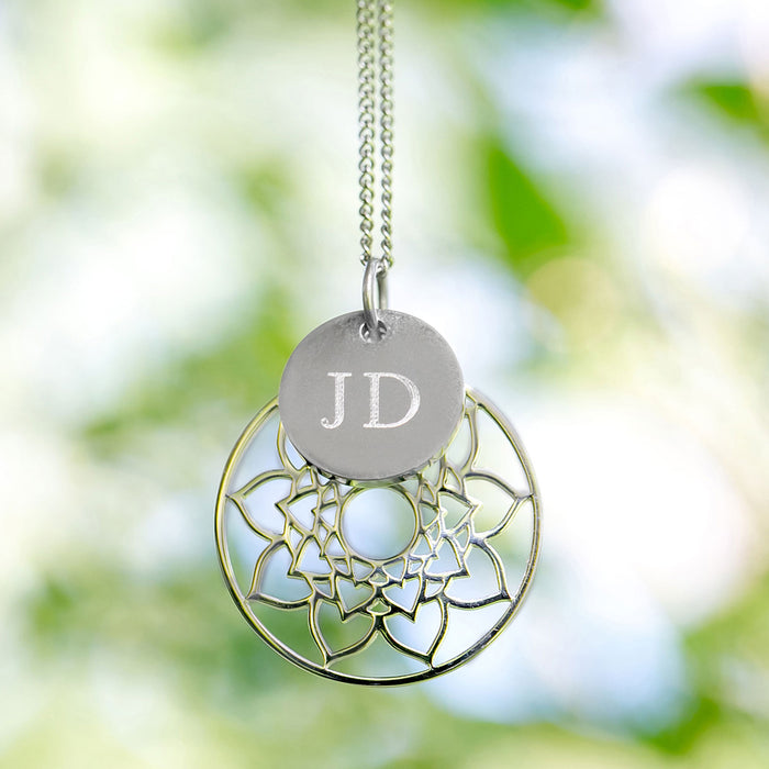 Custom Monogrammed Laser Engraved Silver Mandala Necklace with Initial Pendant Gift