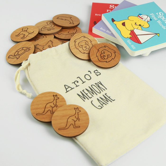 Customised Engraved Wooden Animal Memory Game kid present with gift bag