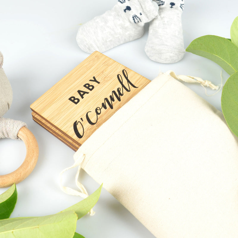 Personalised Engraved Funny Baby Milestone Cards Present with natural calico drawstring bag