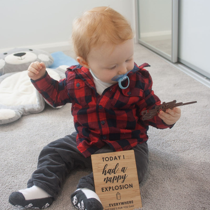 Today I had a Nappy Explosion  funny milestone bamboo cards