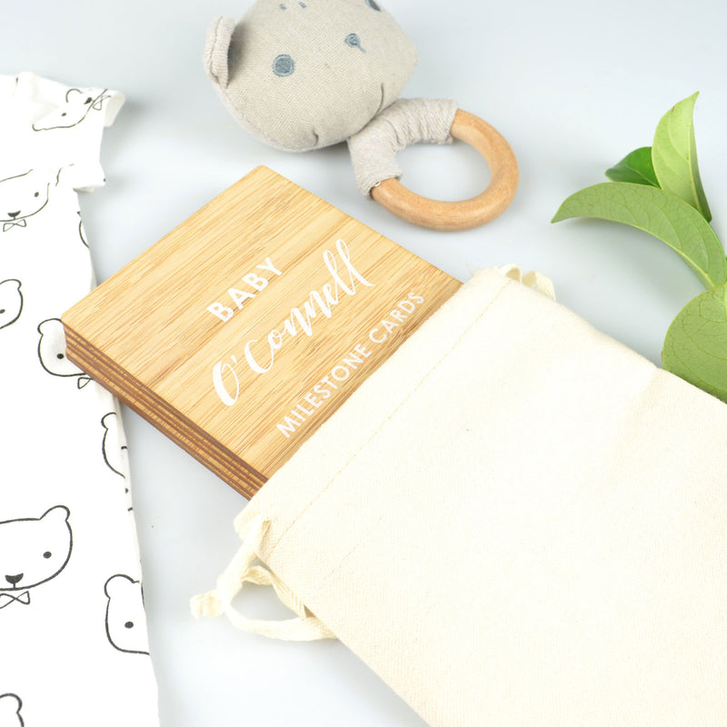 Personalised Printed Bamboo Milestone Cards Set of 6 with natural calico drawstring bag